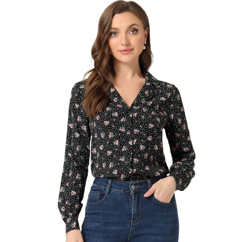 Vintage Long Sleeve Printed Button Down Tops Black Floral
